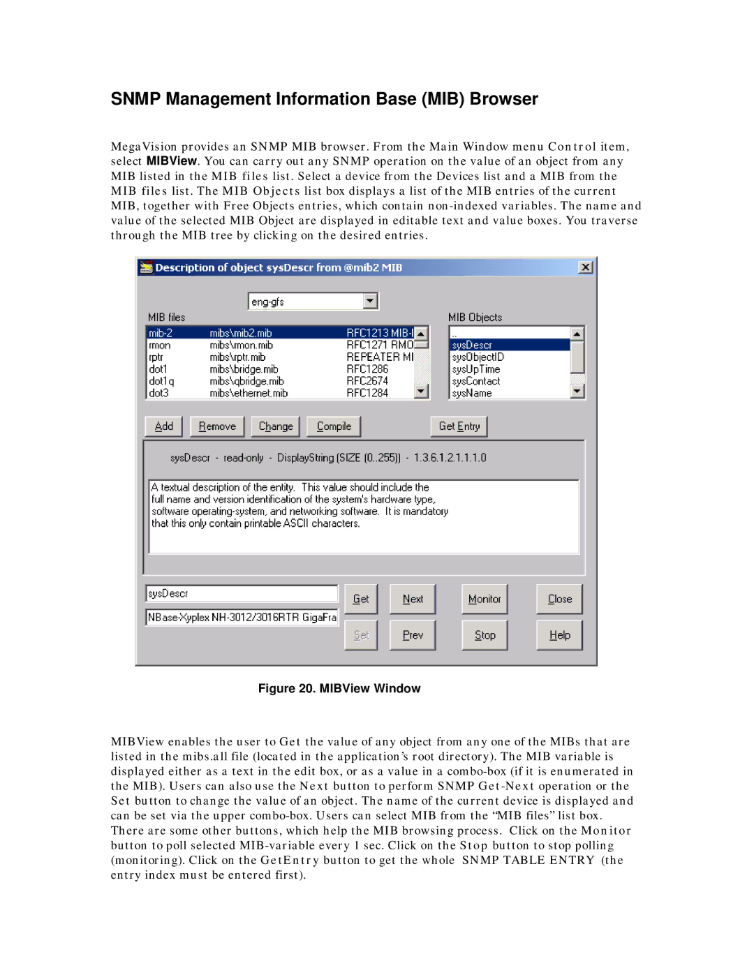 MegaVision Network Management System manual Snmp Management Information Base MIB Browser, MIBView Window 