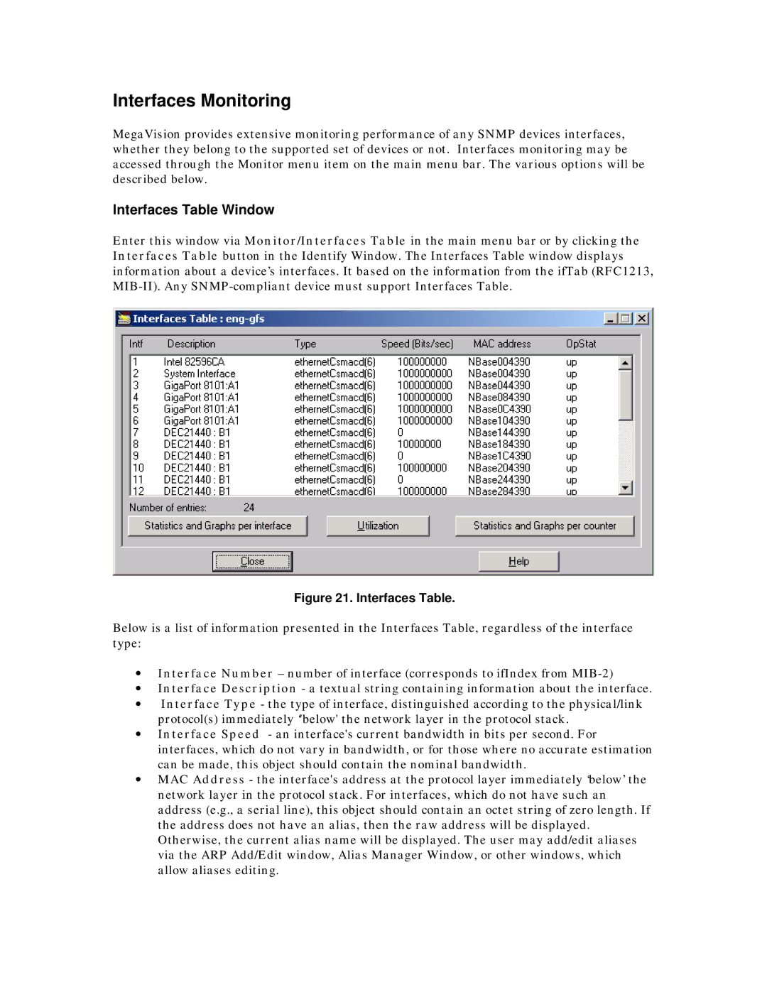 MegaVision Network Management System manual Interfaces Monitoring, Interfaces Table Window 