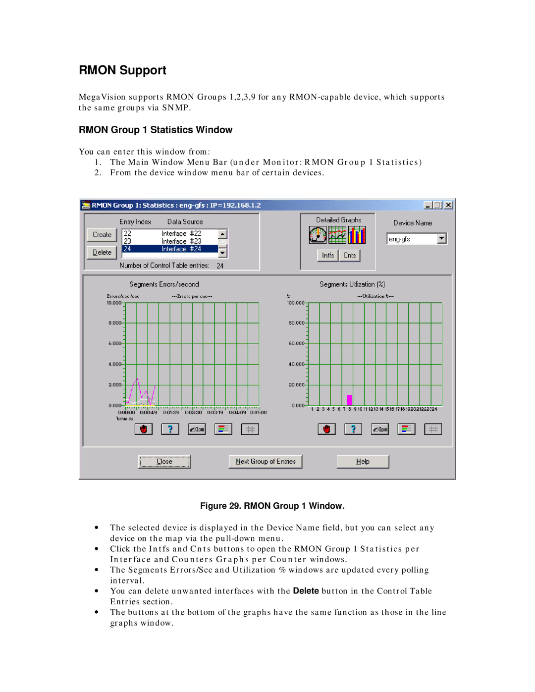 MegaVision Network Management System manual Rmon Support, Rmon Group 1 Statistics Window 