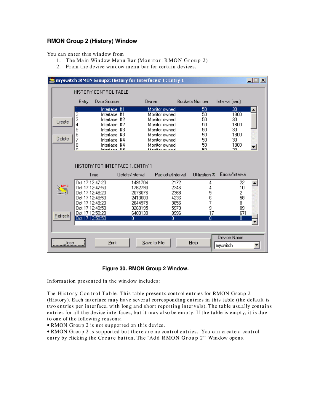 MegaVision Network Management System manual Rmon Group 2 History Window, Rmon Group 2 Window 