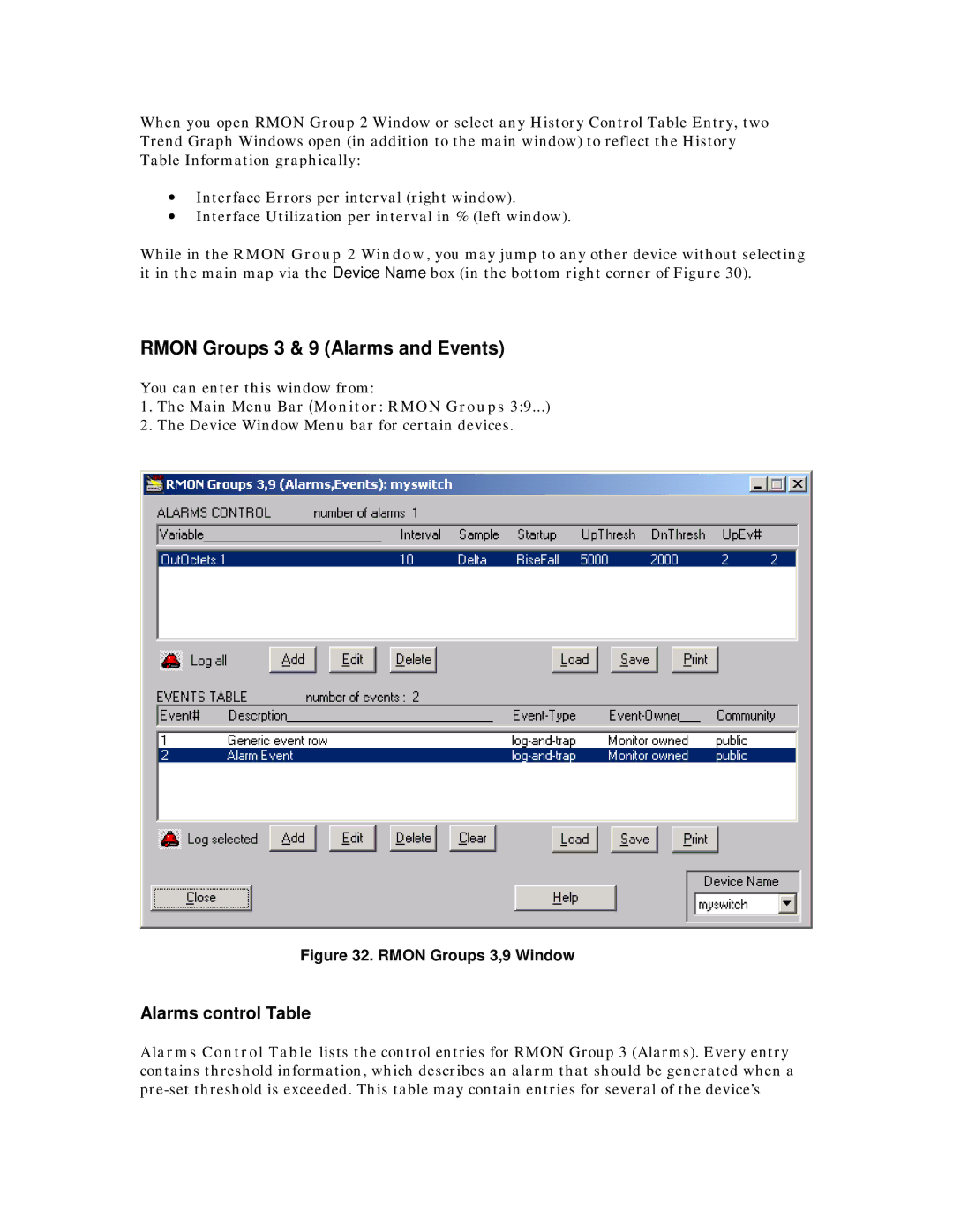 MegaVision Network Management System manual Rmon Groups 3 & 9 Alarms and Events, Alarms control Table 