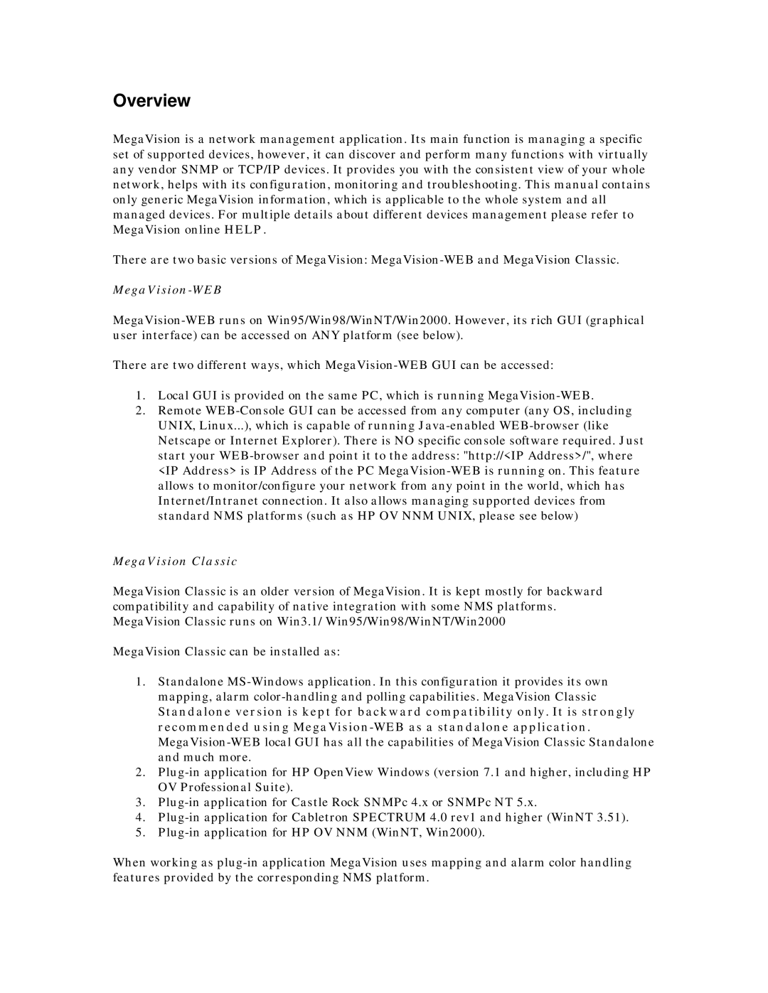 MegaVision Network Management System manual Overview, MegaVision-WEB, MegaVision Classic 