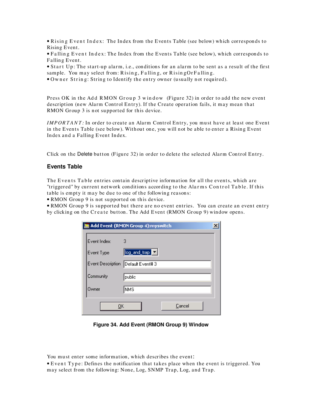 MegaVision Network Management System manual Events Table, Add Event Rmon Group 9 Window 