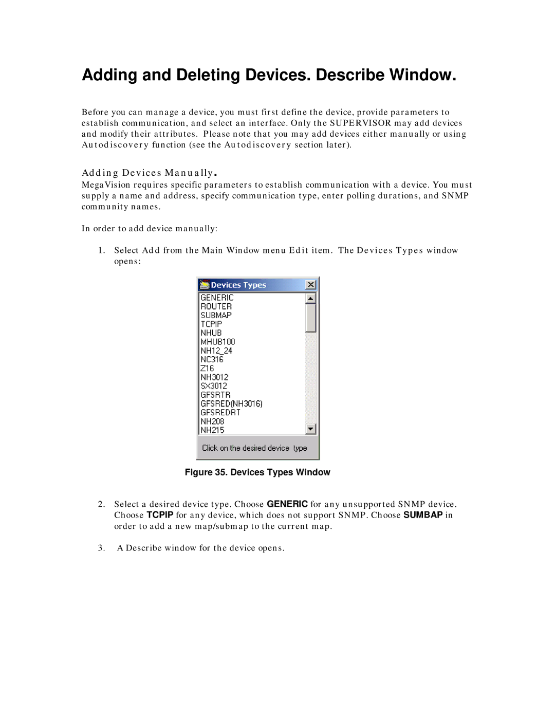 MegaVision Network Management System manual Adding and Deleting Devices. Describe Window 