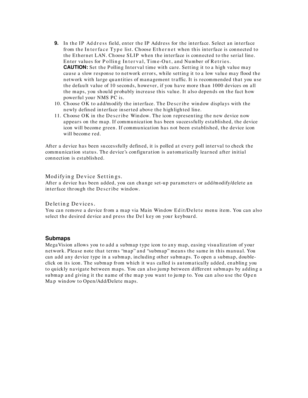 MegaVision Network Management System manual Modifying Device Settings, Submaps 