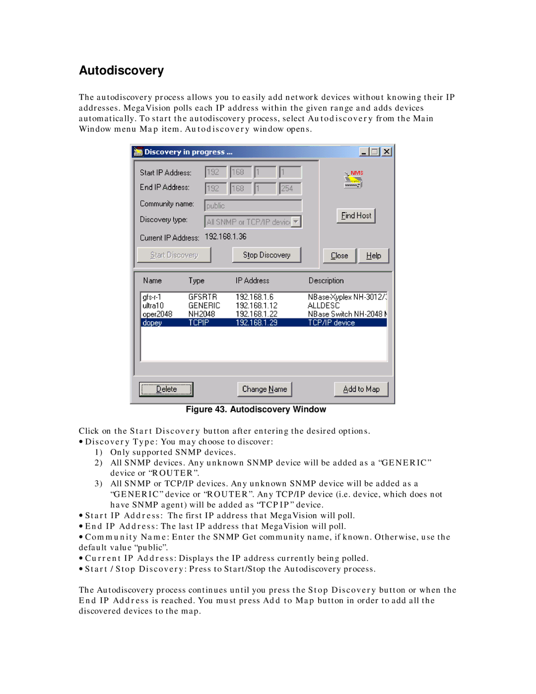 MegaVision Network Management System manual Autodiscovery Window 