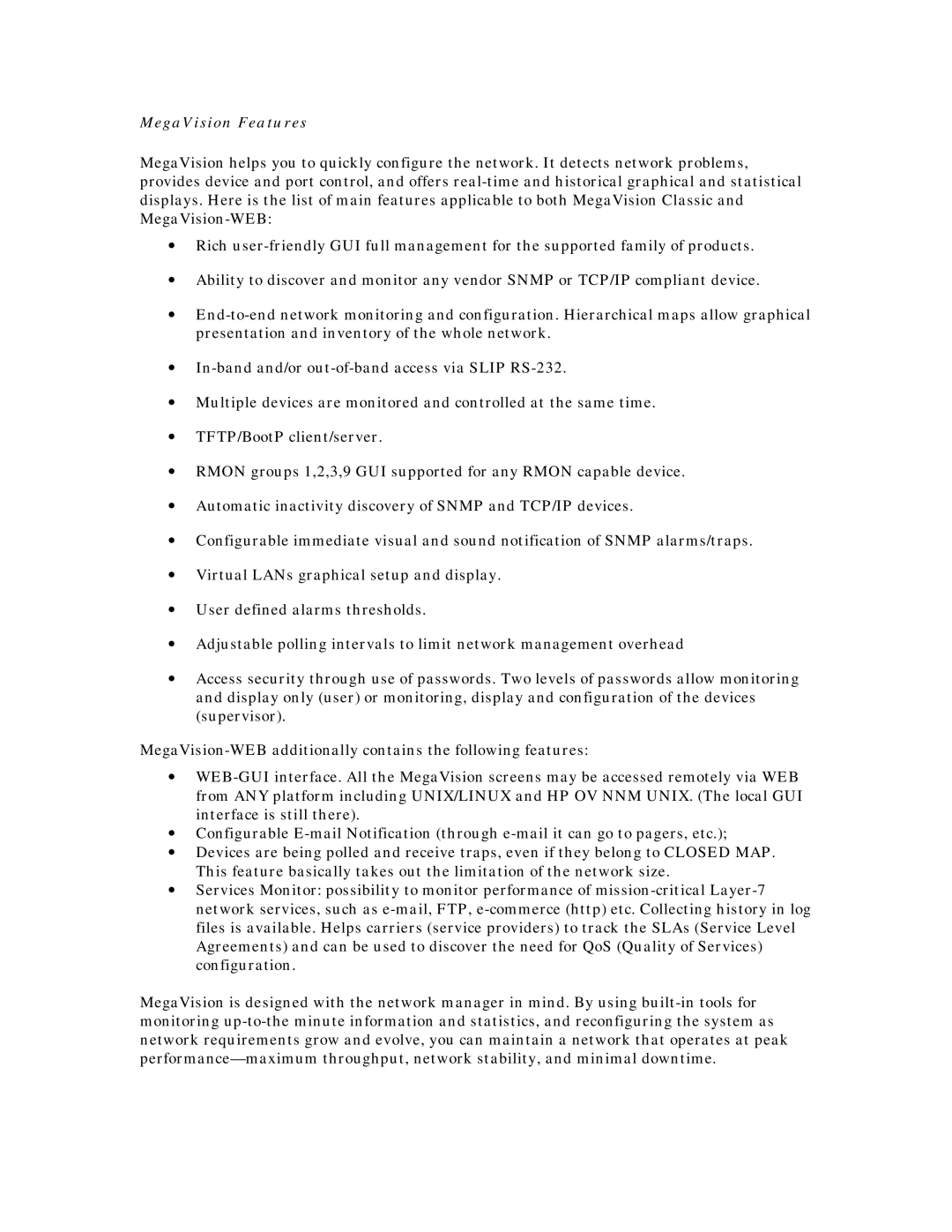 MegaVision Network Management System manual MegaVision Features 