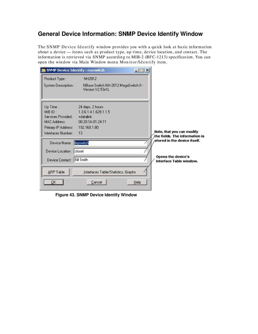 MegaVision Network Management System manual General Device Information Snmp Device Identify Window 