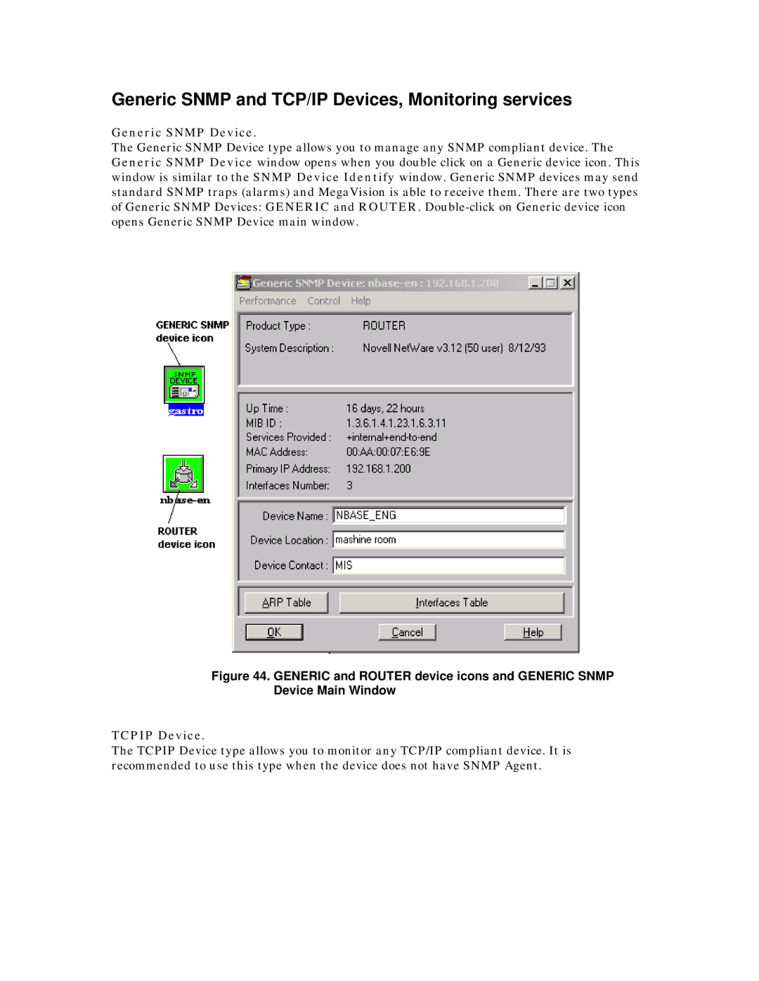 MegaVision Network Management System manual Generic Snmp and TCP/IP Devices, Monitoring services, Generic Snmp Device 