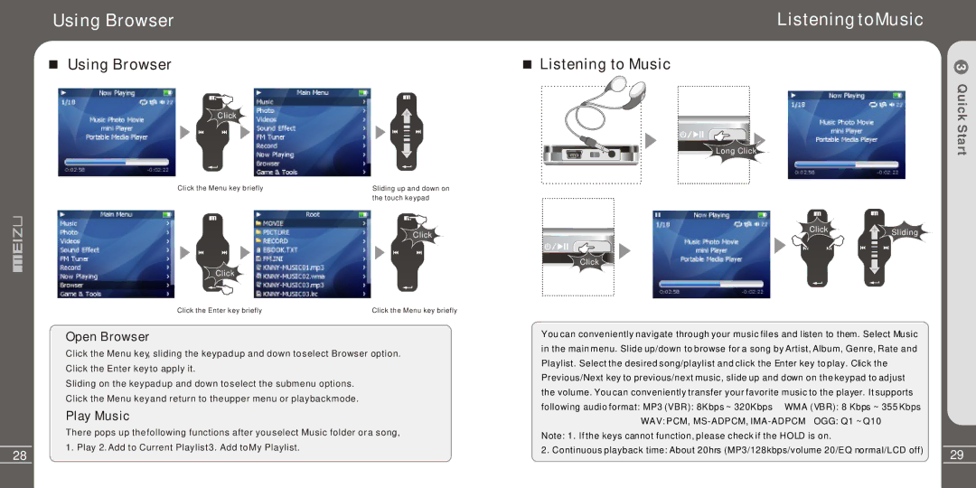 Meizu Electronic Technology MZ-03 user manual Using Browser, Listening toMusic, Listening to Music, Open Browser 