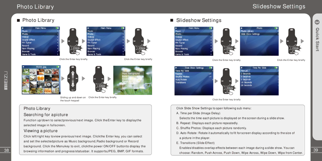 Meizu Electronic Technology MZ-03 user manual Photo Library, Slideshow Settings 