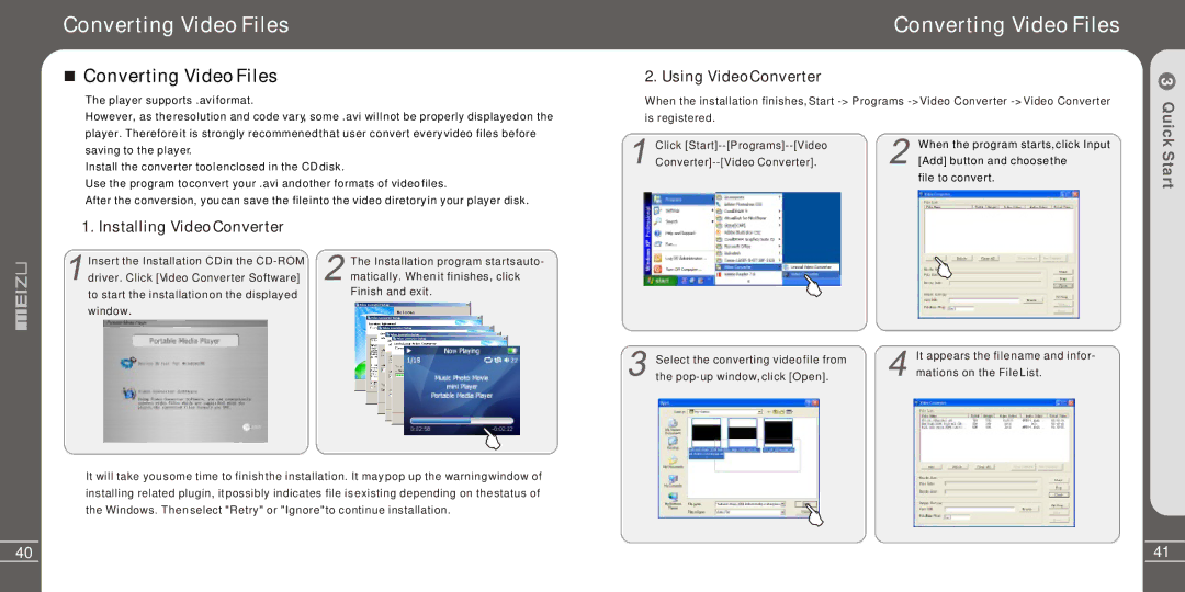 Meizu Electronic Technology MZ-03 user manual Converting Video Files, Installing Video Converter, Using Video Converter 