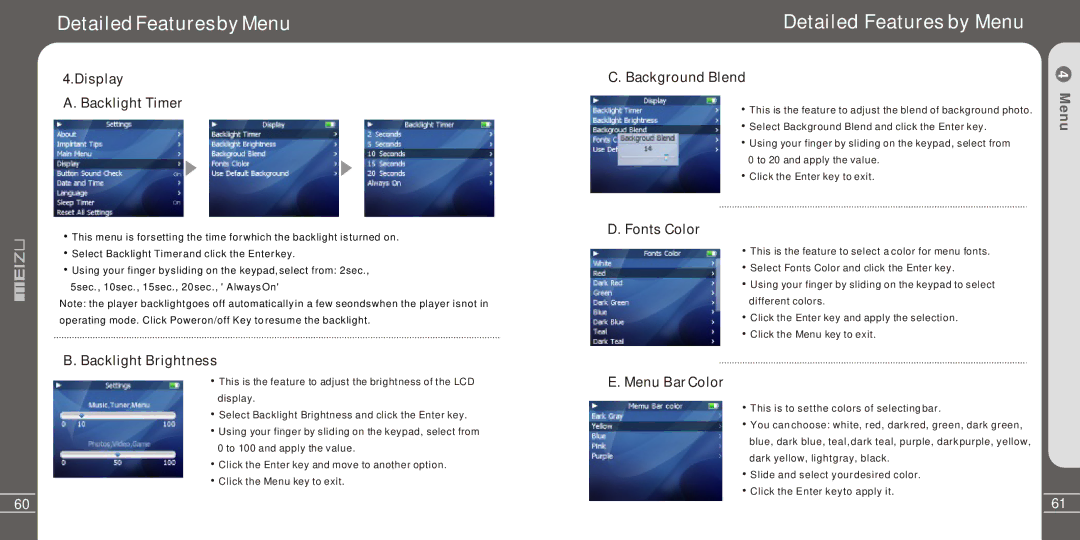 Meizu Electronic Technology MZ-03 user manual Display Backlight Timer, Backlight Brightness, Background Blend, Fonts Color 