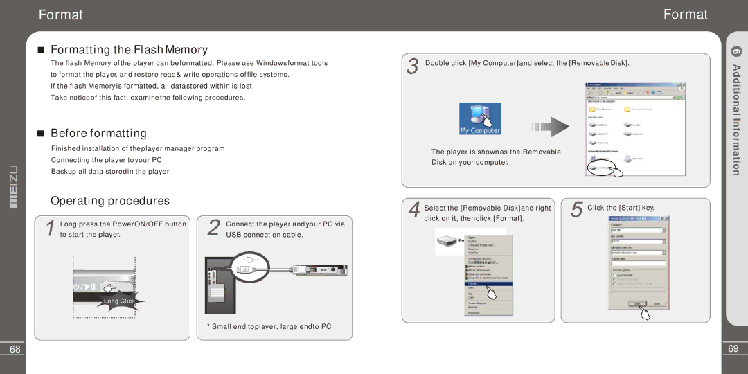 Meizu Electronic Technology MZ-03 user manual Formatting the Flash Memory, Before formatting, Operating procedures 