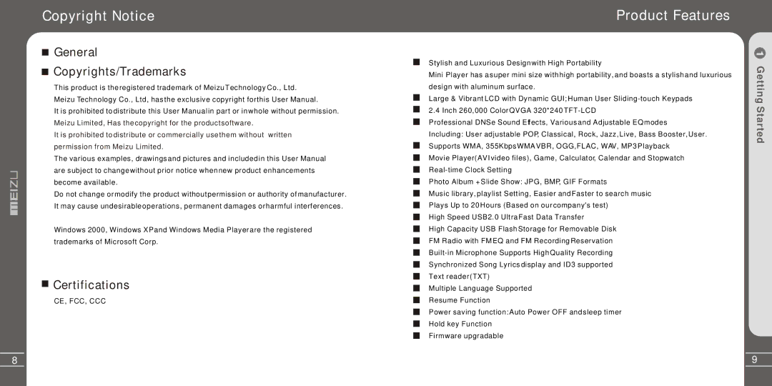 Meizu Electronic Technology MZ-03 Copyright Notice, Product Features, General Copyrights/Trademarks, Certifications 