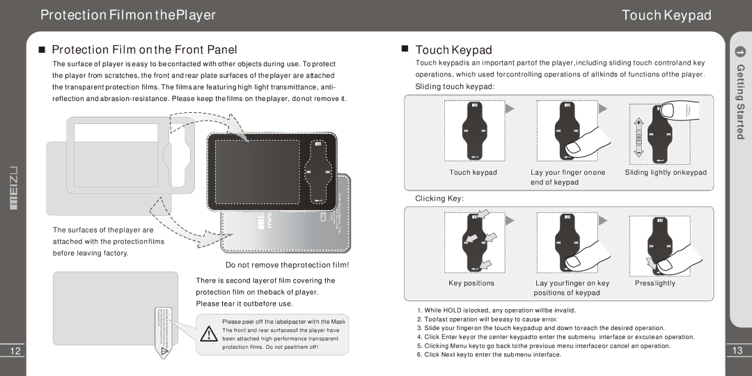 Meizu Electronic Technology MZ-03 user manual Protection Filmon thePlayer, Touch Keypad, Protection Film on the Front Panel 