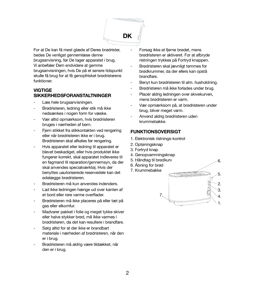 Melissa 021 & 028 manual Vigtige Sikkerhedsforanstaltninger, Funktionsoversigt 