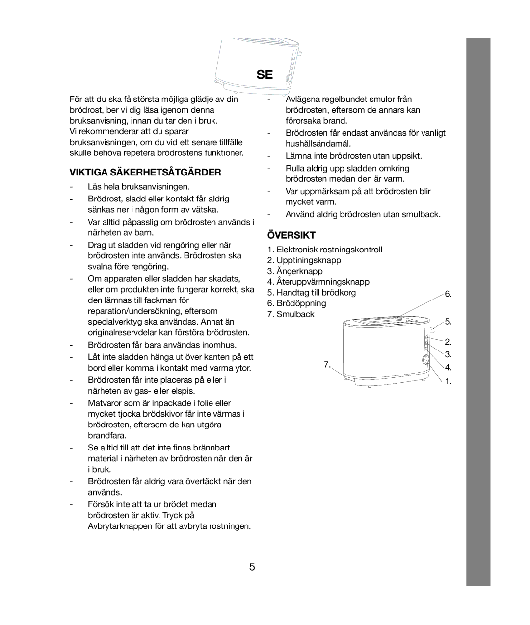 Melissa 021 & 028 Viktiga Säkerhetsåtgärder, Översikt, Läs hela bruksanvisningen, Brödrosten får bara användas inomhus 