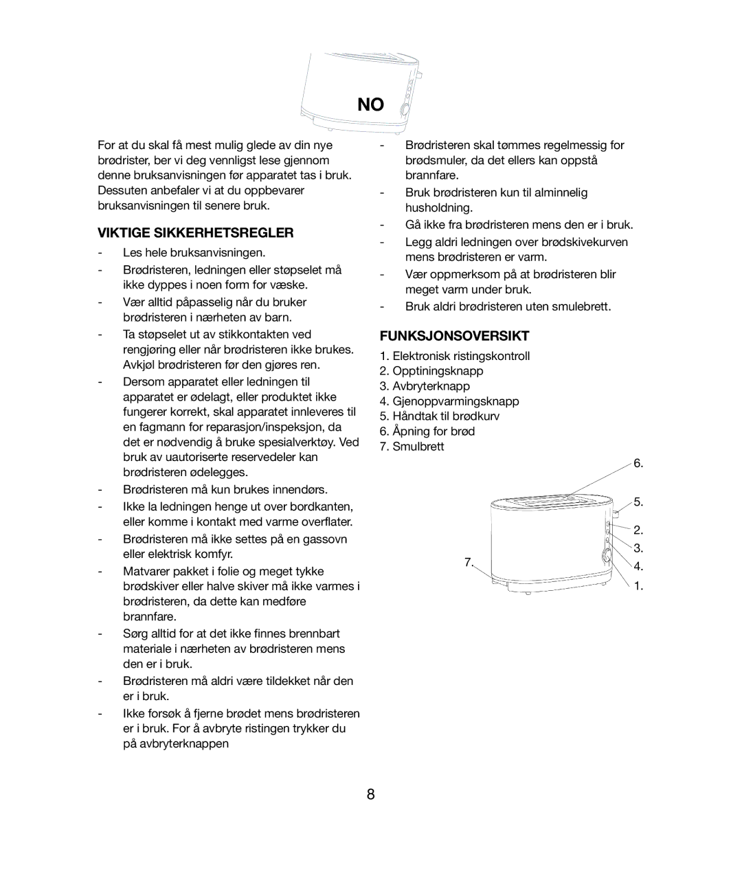 Melissa 021 & 028 manual Viktige Sikkerhetsregler, Funksjonsoversikt 