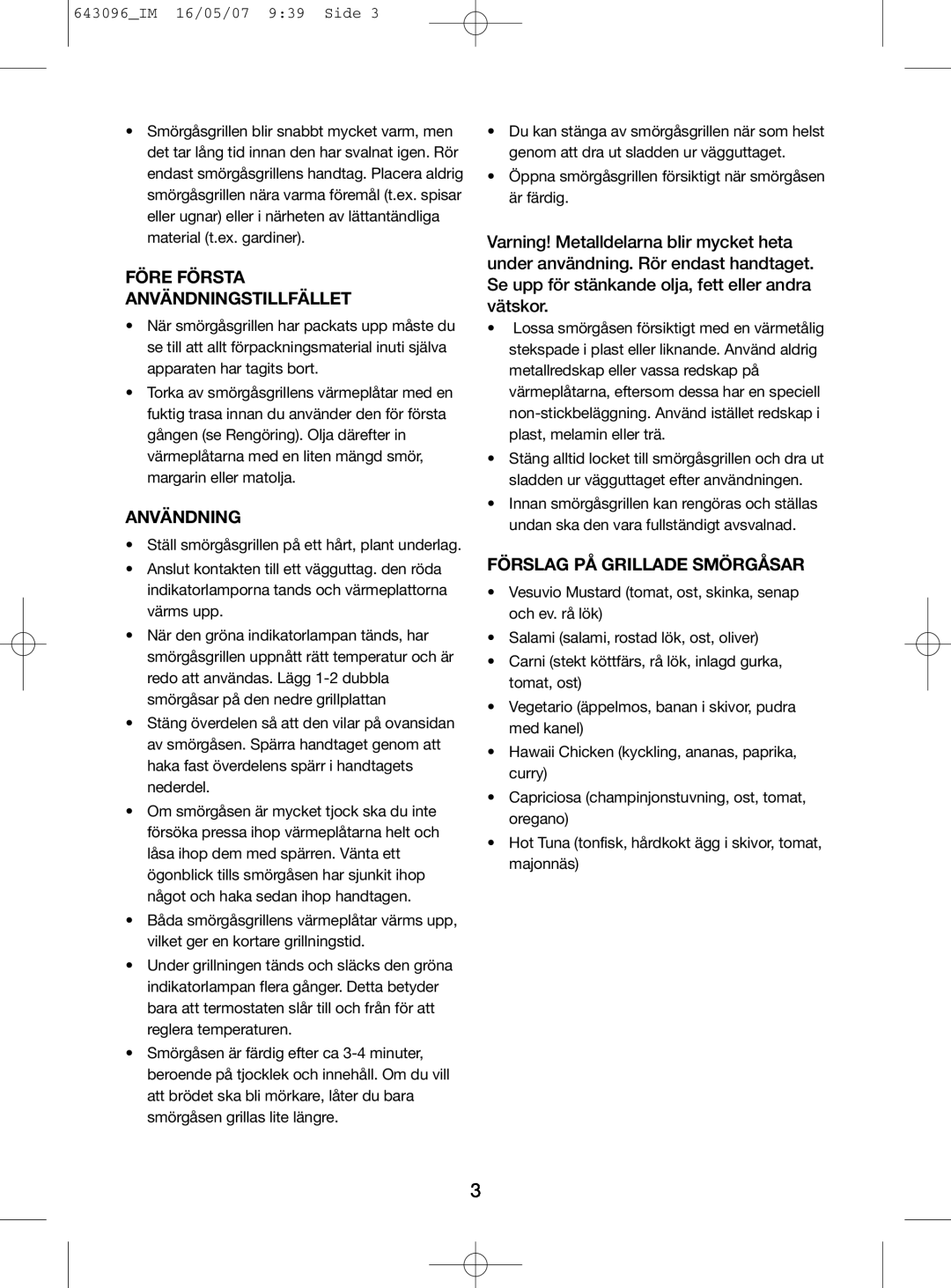 Melissa 143-074 manual Före Första Användningstillfället, Förslag På Grillade Smörgåsar 