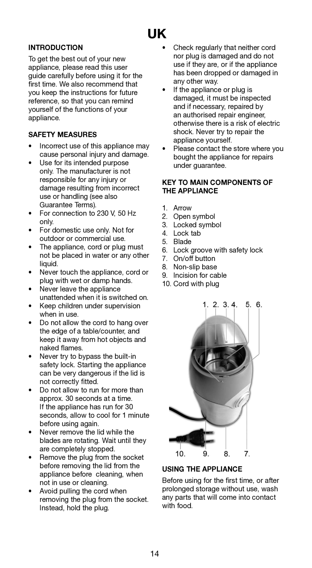 Melissa 145-009, 145-011 manual Introduction, Safety Measures, KEY to Main Components of the Appliance, Using the Appliance 