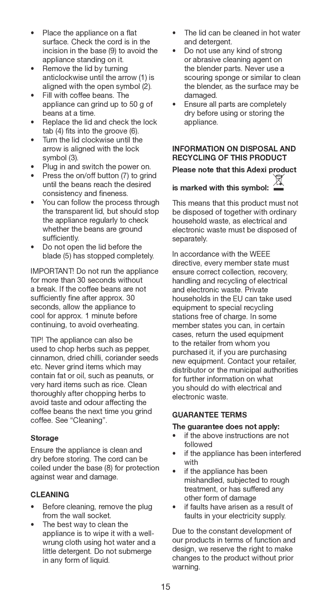 Melissa 145-011, 145-009 manual Storage, Cleaning, Information on Disposal and Recycling of this Product, Guarantee Terms 