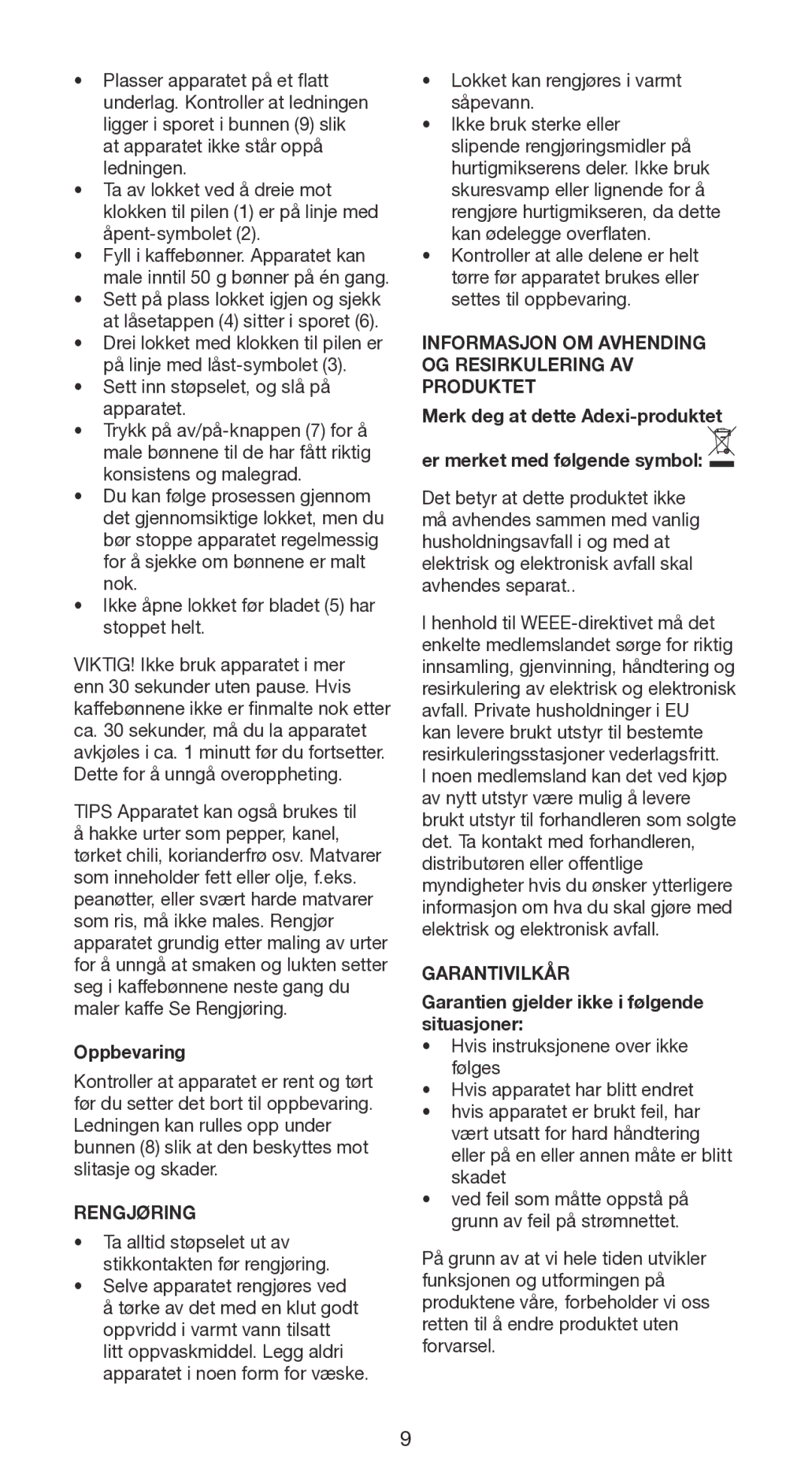 Melissa 145-011, 145-009 Oppbevaring, Rengjøring, Informasjon OM Avhending OG Resirkulering AV Produktet, Garantivilkår 