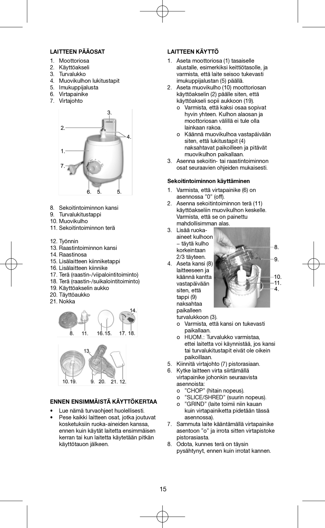 Melissa 146-007 manual Laitteen Pääosat, Ennen Ensimmäistä Käyttökertaa, Laitteen Käyttö, Sekoitintoiminnon käyttäminen 