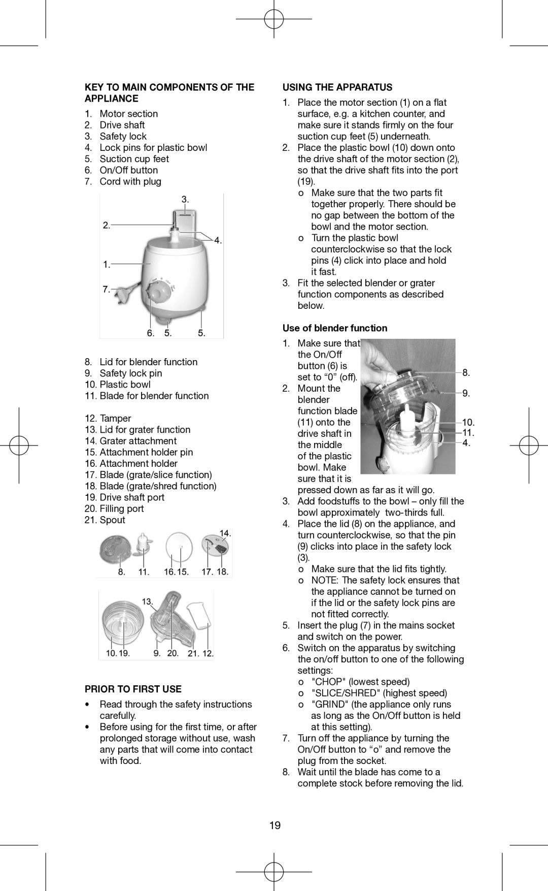 Melissa 146-007 KEY to Main Components of the Appliance, Prior to First USE, Using the Apparatus, Use of blender function 