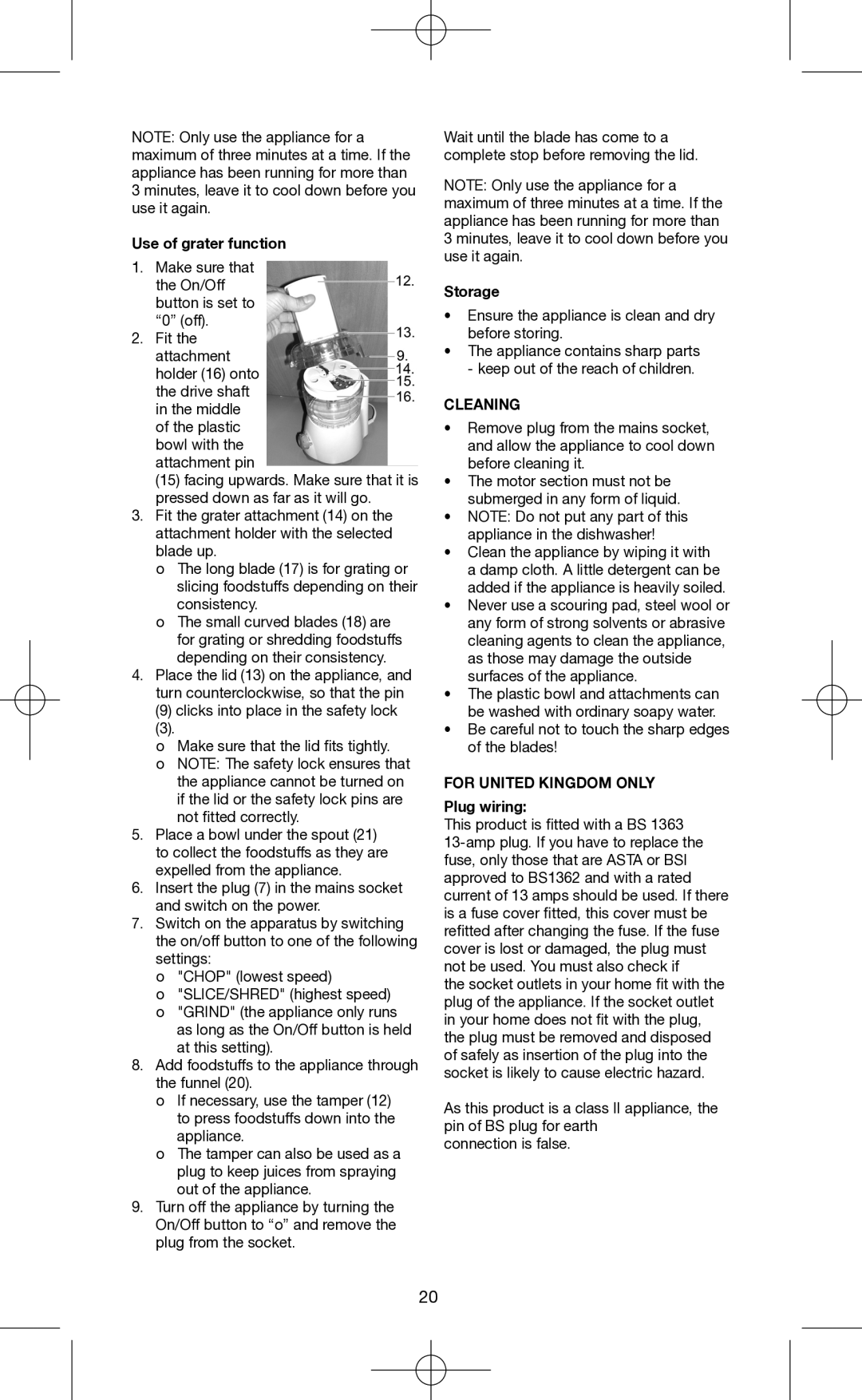 Melissa 146-007 manual Use of grater function, Storage, Cleaning, For United Kingdom only, Plug wiring 