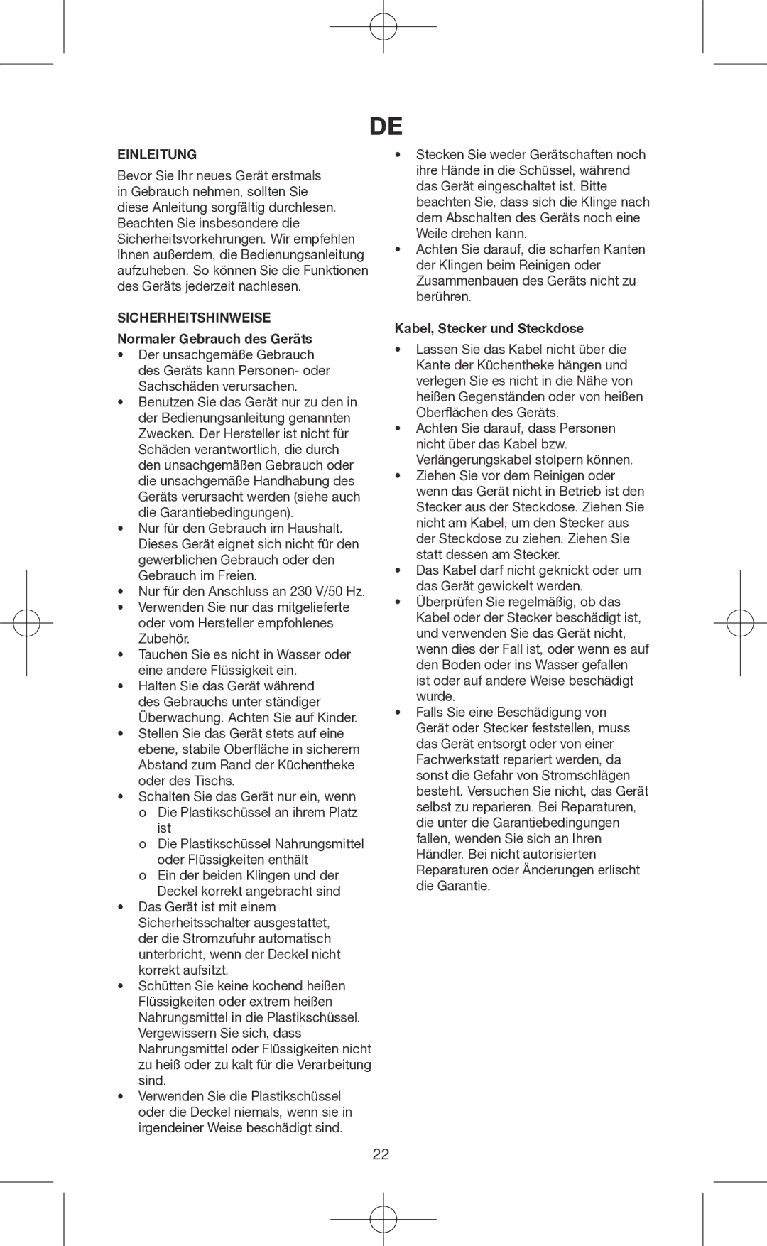 Melissa 146-007 manual Einleitung, Sicherheitshinweise Normaler Gebrauch des Geräts, Kabel, Stecker und Steckdose 