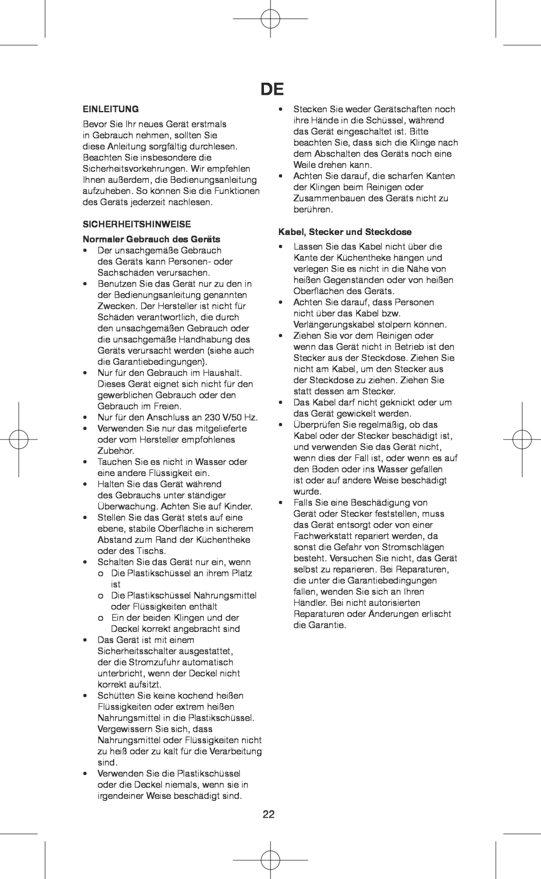 Melissa 146-007 manual Einleitung, SICHERHEITSHINWEISE Normaler Gebrauch des Geräts, Kabel, Stecker und Steckdose 