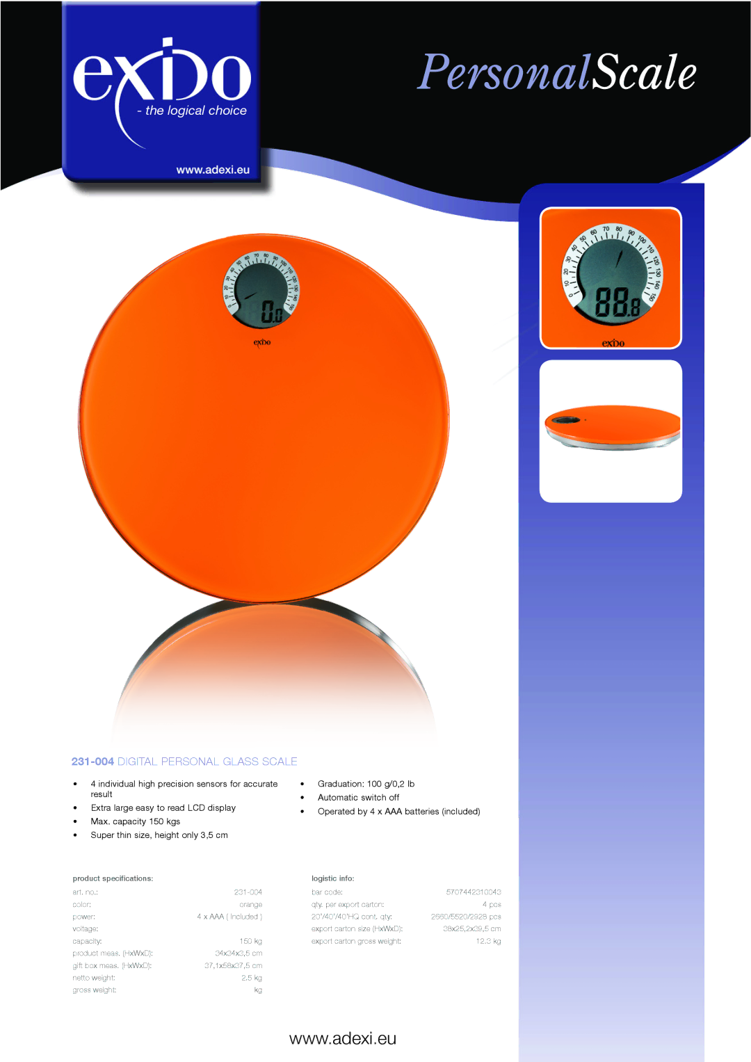 Melissa specifications PersonalScale, Logical choice, 231-004Digital personal glass scale 