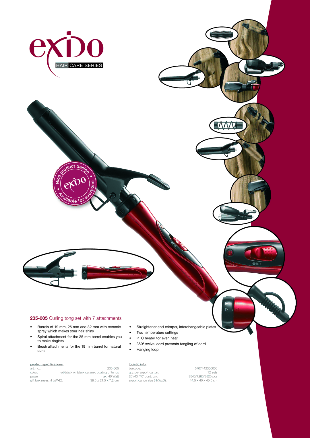 Melissa specifications Hair Care Series, 235-005Curling tong set with 7 attachments 