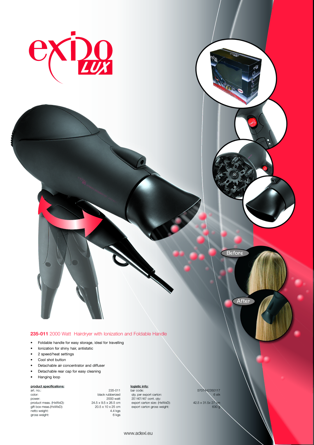 Melissa 235-011 specifications Before After, Watt Hairdryer with Ionization and Foldable Handle 