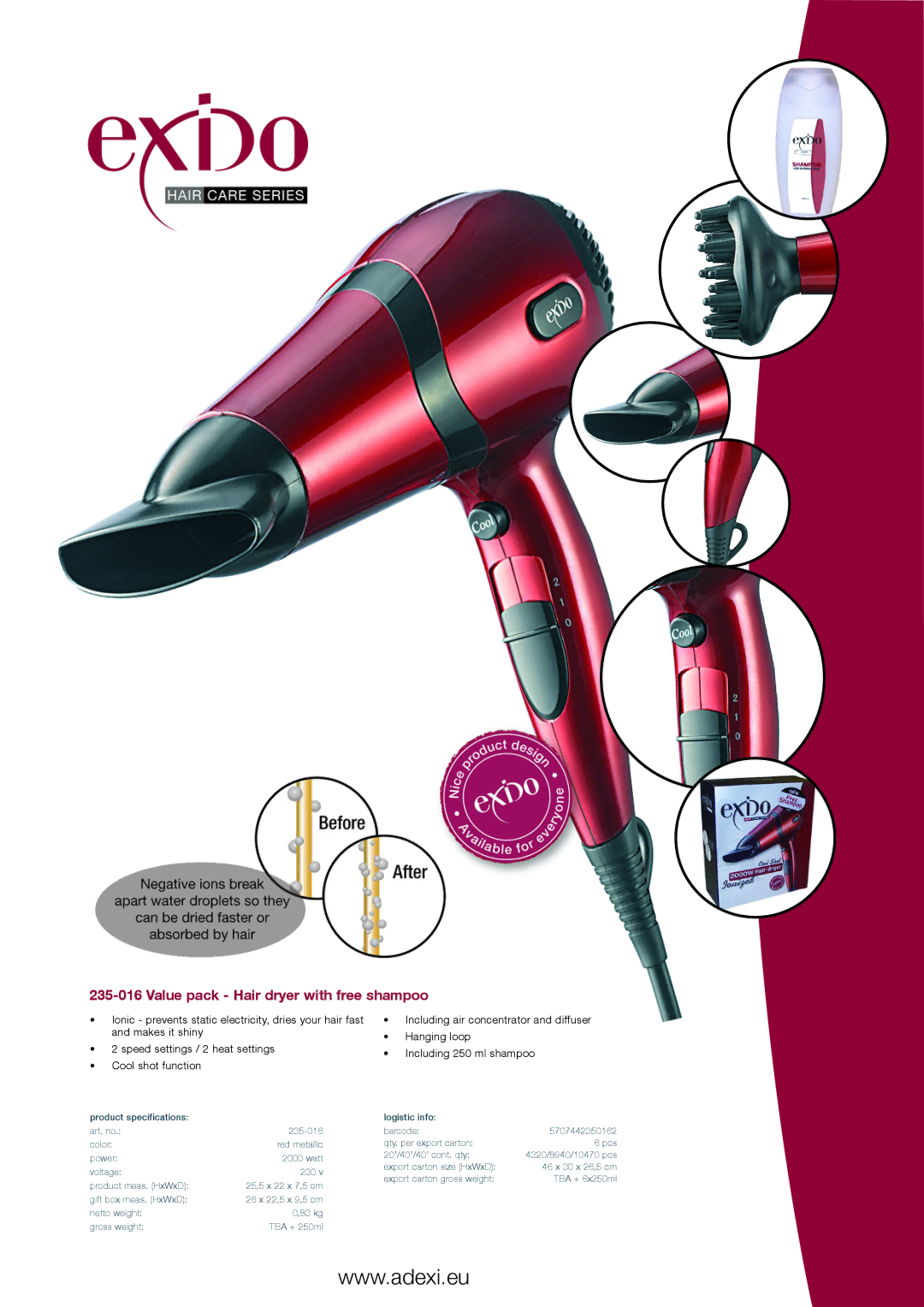 Melissa 235-016 specifications Value pack Hair dryer with free shampoo 