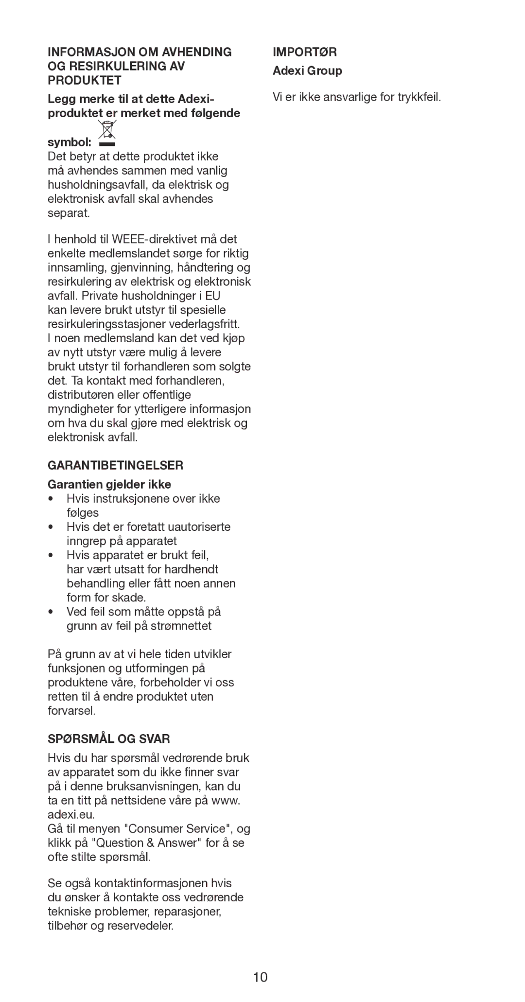 Melissa 235-018 manual Informasjon OM Avhending OG Resirkulering AV Produktet, Garantibetingelser, Garantien gjelder ikke 