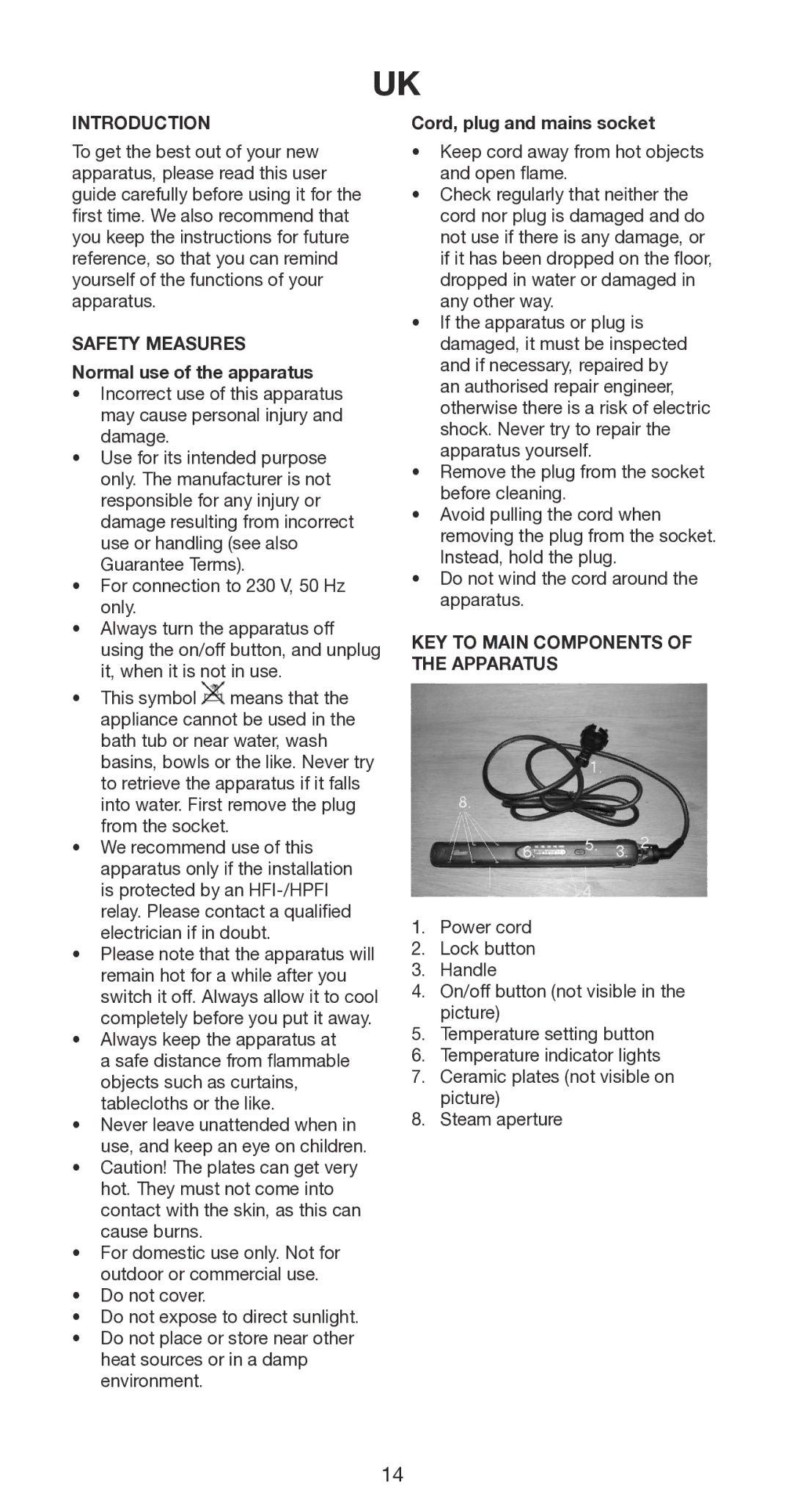 Melissa 235-018 manual Introduction, Safety Measures Normal use of the apparatus, Cord, plug and mains socket 