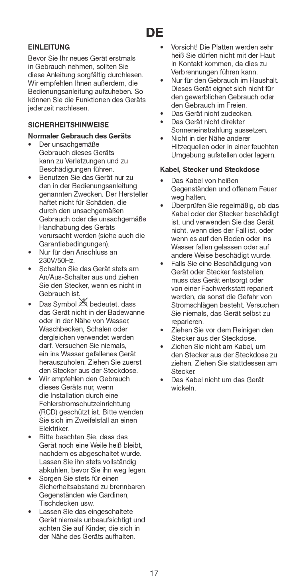 Melissa 235-018 manual Einleitung, Sicherheitshinweise Normaler Gebrauch des Geräts, Kabel, Stecker und Steckdose 