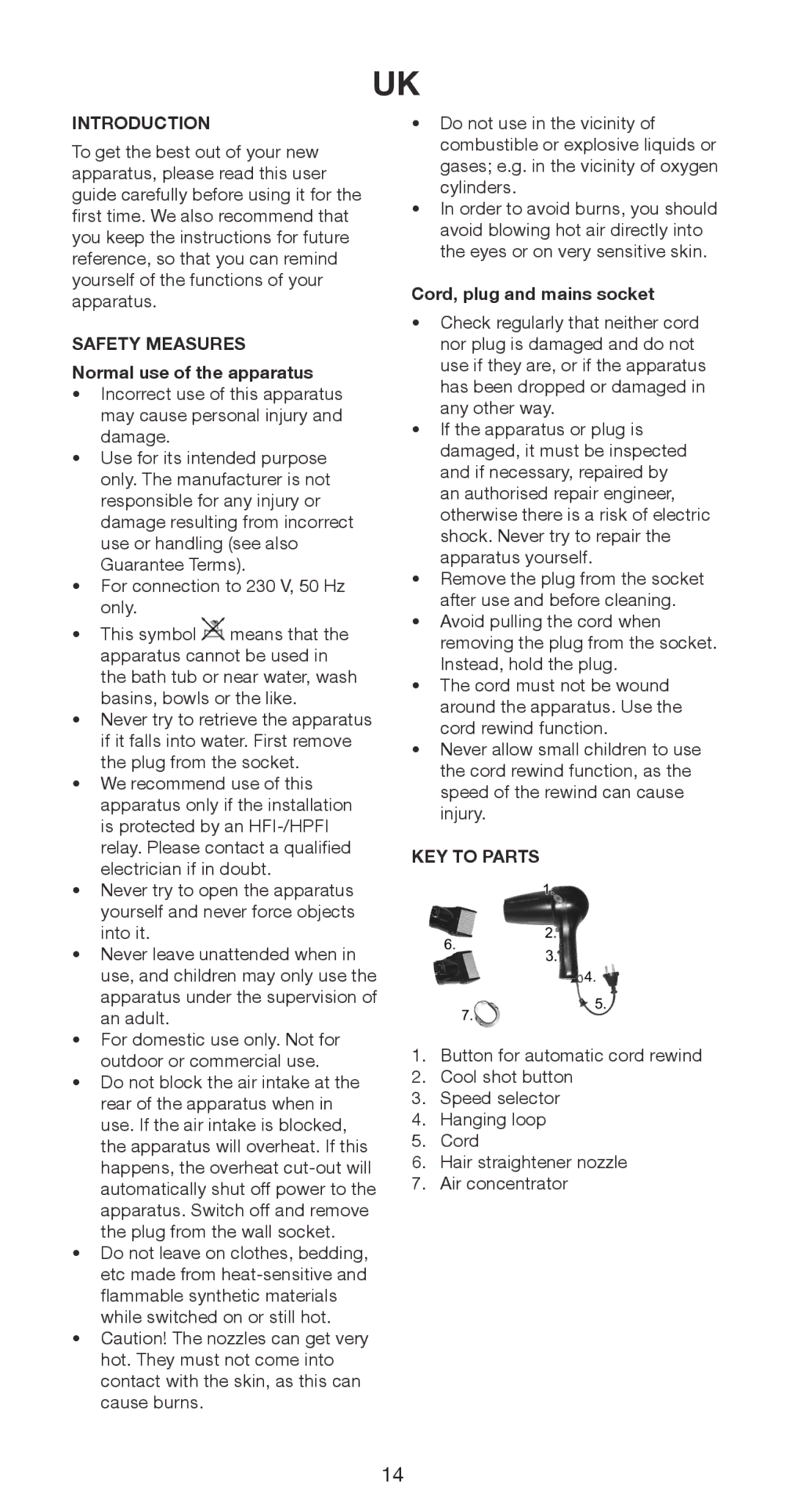 Melissa 235-019 manual Introduction, Safety Measures Normal use of the apparatus, Cord, plug and mains socket, KEY to Parts 