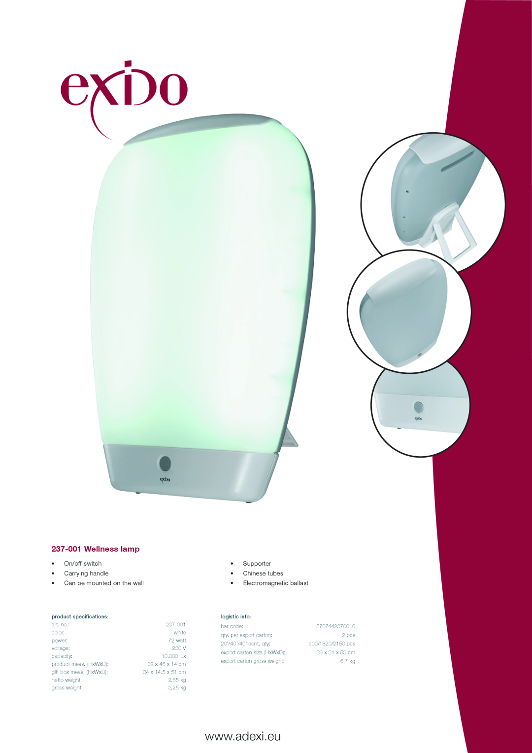 Melissa specifications 237-001Wellness lamp, On/off switch Carrying handle, Can be mounted on the wall 