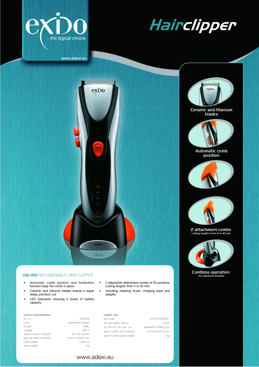 Melissa specifications Hairclipper, Logical choice, 238-009Rechargable hair clipper 