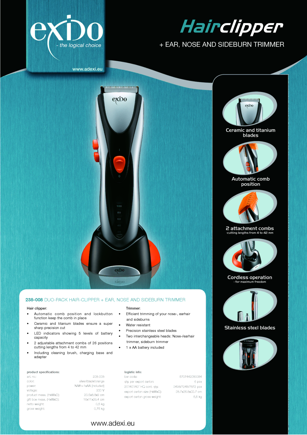 Melissa 238008 specifications Hairclipper, + EAR, Nose and Sideburn Trimmer, Cordless operation, Stainless steel blades 