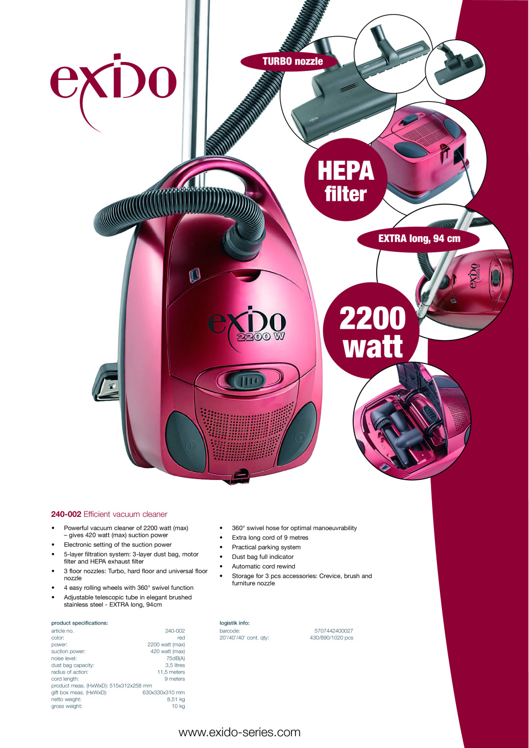 Melissa 240-002 specifications watt, Hepa, ﬁlter, TURBO nozzle, EXTRA long, 94 cm, Efficient vacuum cleaner 