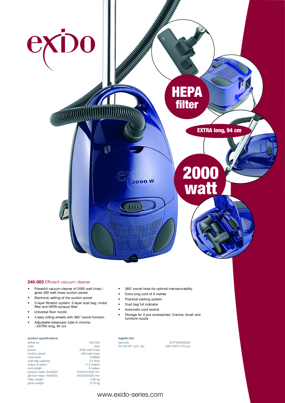 Melissa 240-003 specifications watt, Hepa, ﬁlter, EXTRA long, 94 cm, Efficient vacuum cleaner 