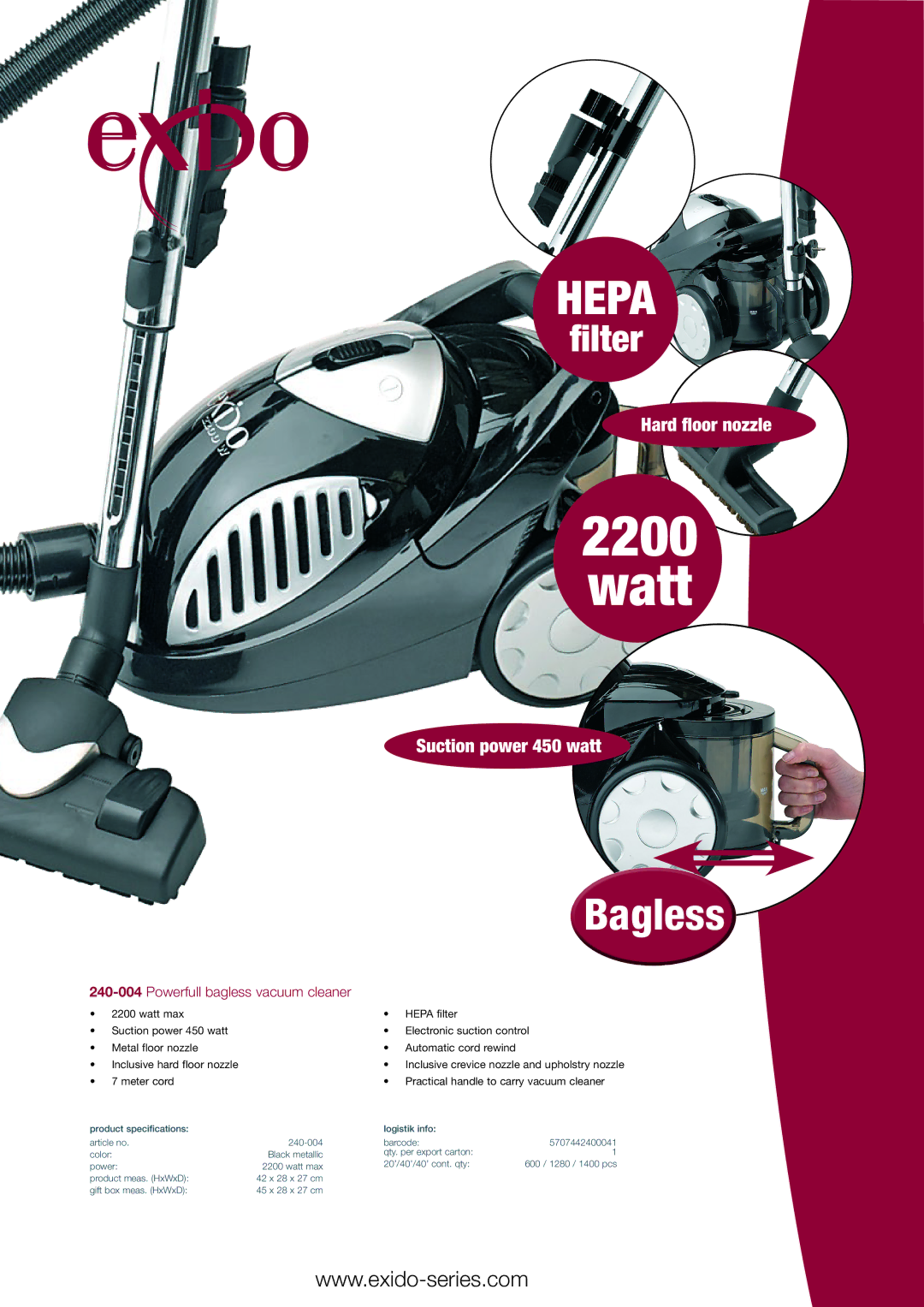 Melissa 240-004 specifications Watt, Bagless, Powerfull bagless vacuum cleaner 