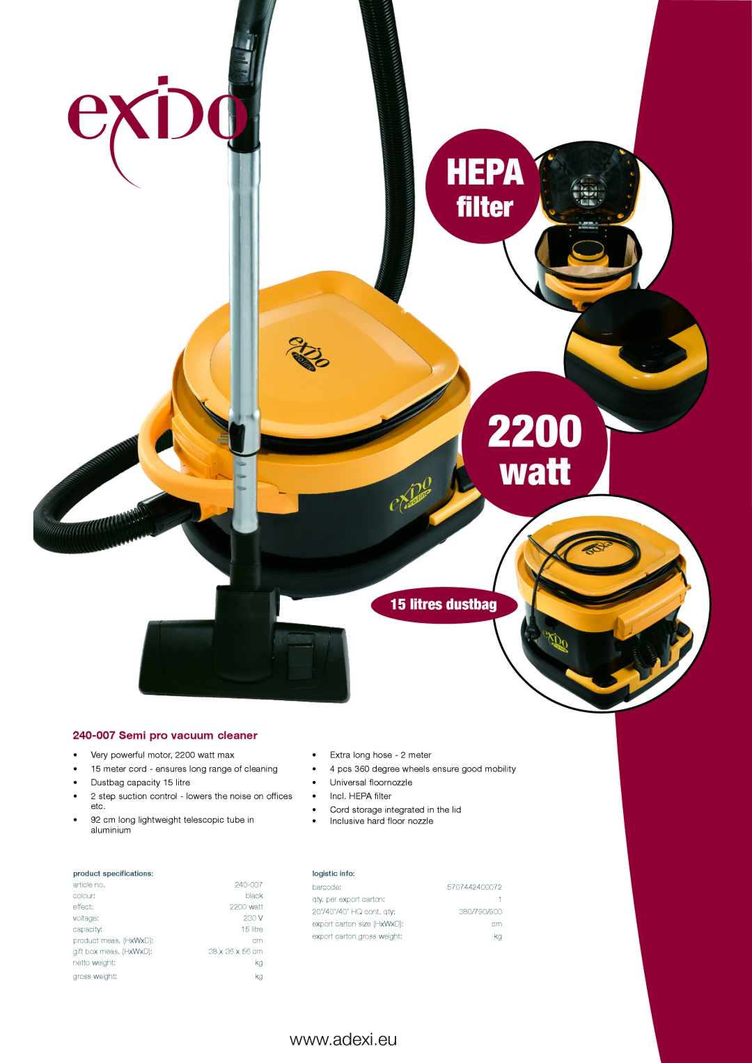 Melissa 240-007 specifications 2200, Watt, Litres dustbag, Semi pro vacuum cleaner 