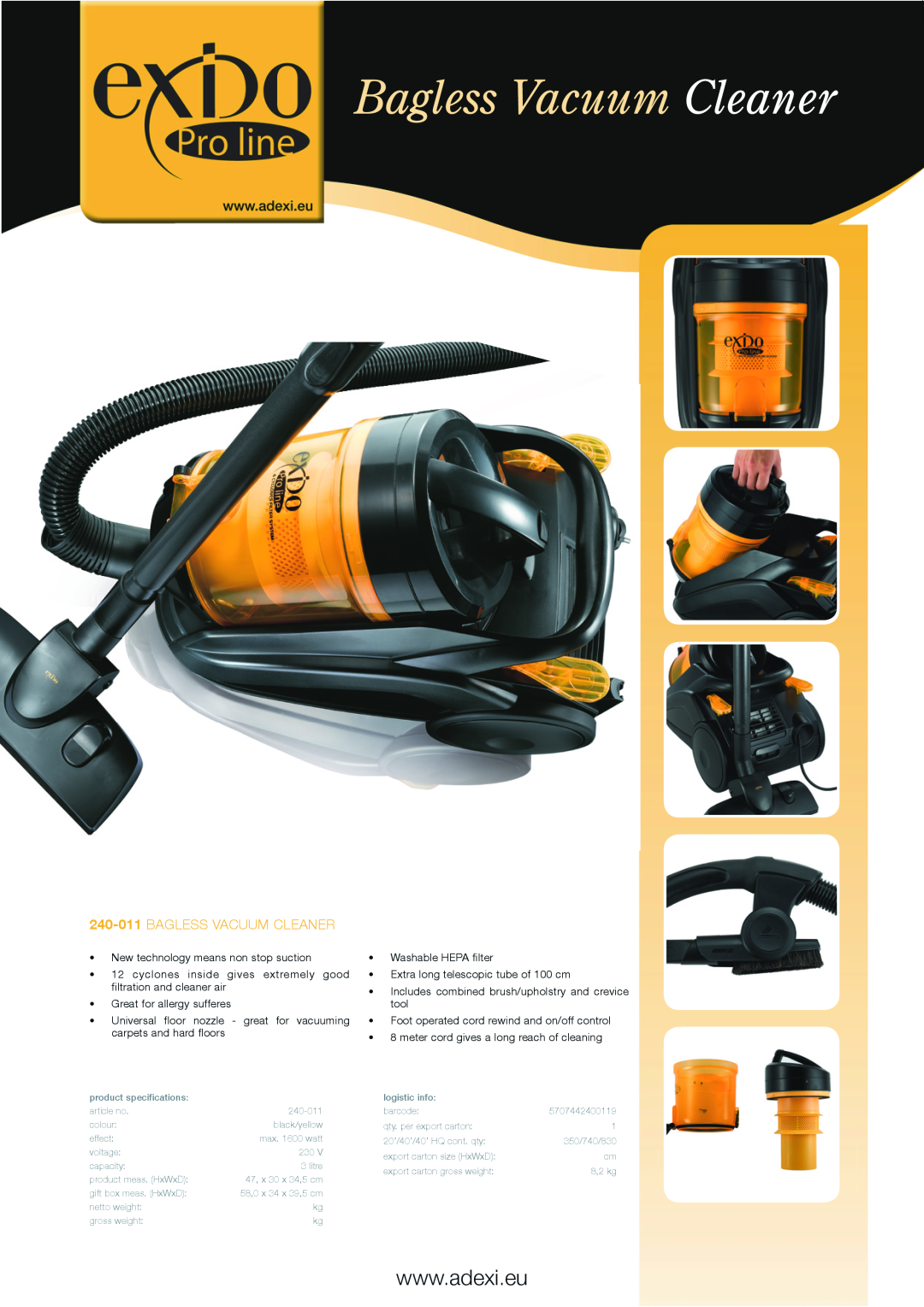 Melissa 240-011 specifications Bagless Vacuum Cleaner, Bagless vacuum cleaner 