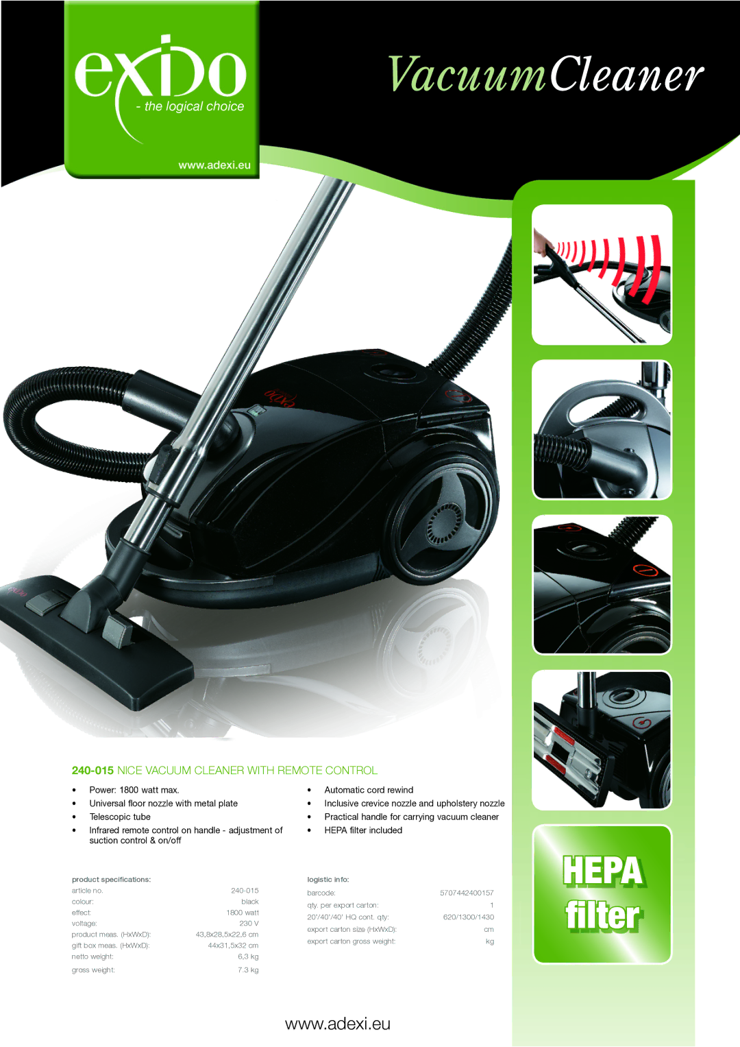 Melissa specifications VacuumCleaner, Logical choice, 240-015NICE Vacuum Cleaner with Remote Control 