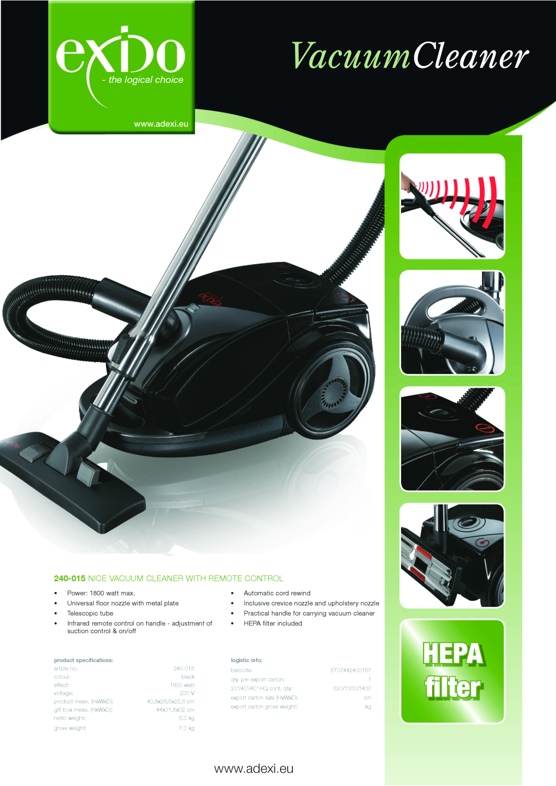 Melissa 240-015 specifications VacuumCleaner, HEPA filter, the logical choice, Nice Vacuum Cleaner With Remote Control 